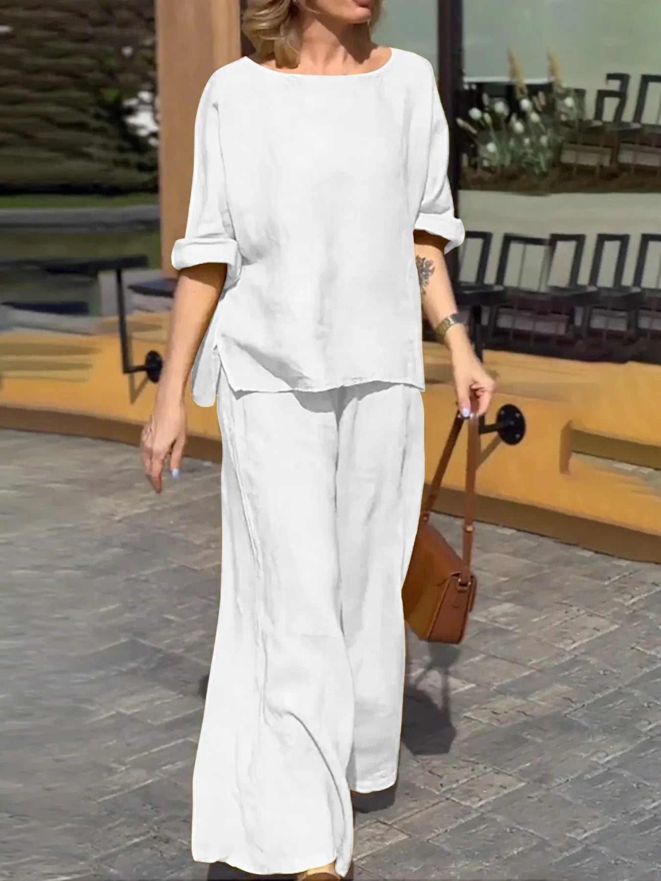 Women Round Neck Long Sleeve Side Pocket High Waist Wide Leg Trousers Set