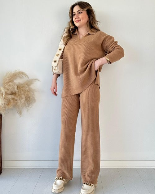 V-Neck Casual Slit Knitted Two-Piece Set