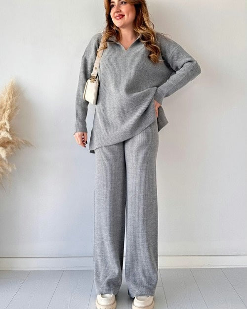 V-Neck Casual Slit Knitted Two-Piece Set