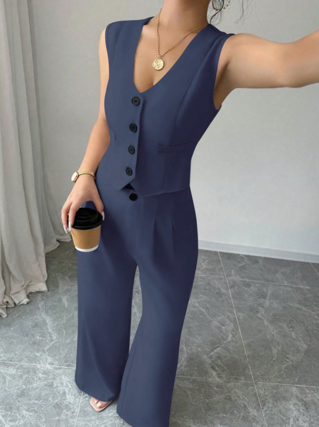 Women Sleeveless Blazer Top And Pants Casual Suit Set