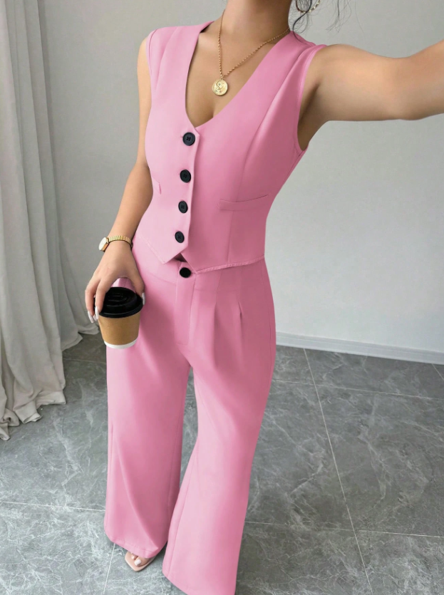 Women Sleeveless Blazer Top And Pants Casual Suit Set
