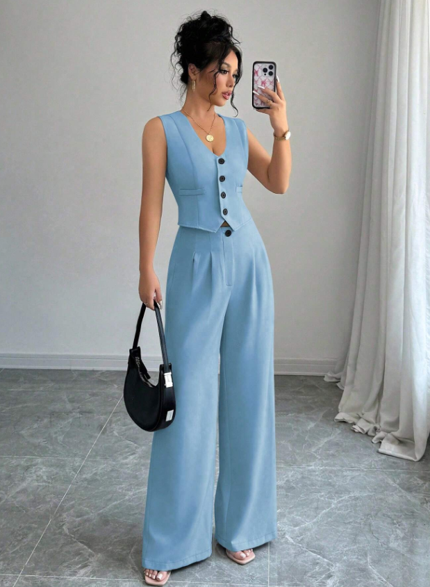 Women Sleeveless Blazer Top And Pants Casual Suit Set