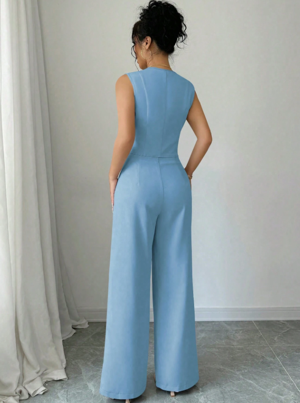 Women Sleeveless Blazer Top And Pants Casual Suit Set
