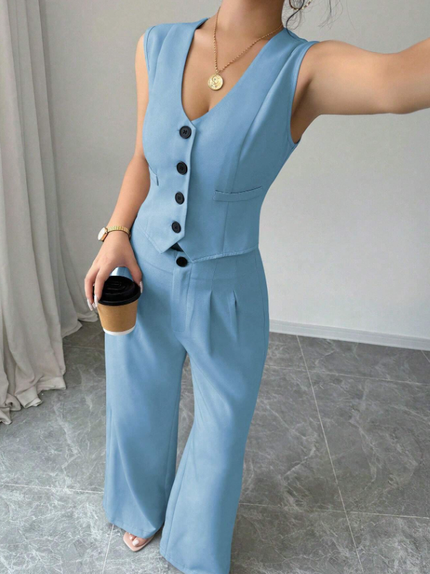 Women Sleeveless Blazer Top And Pants Casual Suit Set