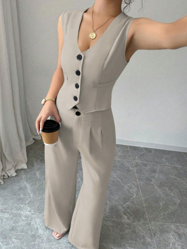 Women Sleeveless Blazer Top And Pants Casual Suit Set
