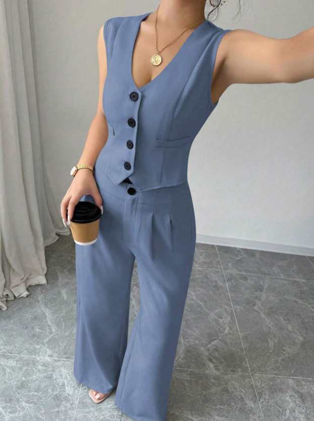 Women Sleeveless Blazer Top And Pants Casual Suit Set