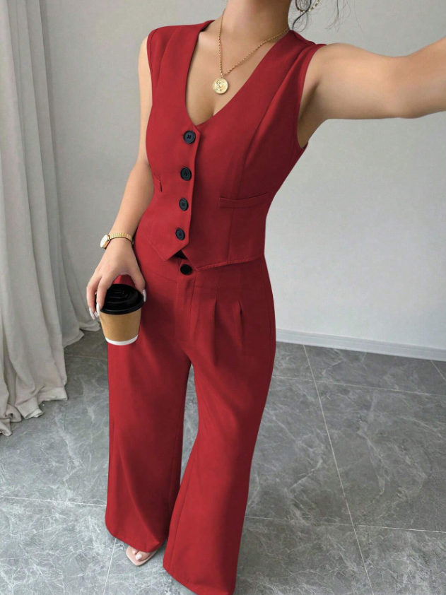 Women Sleeveless Blazer Top And Pants Casual Suit Set