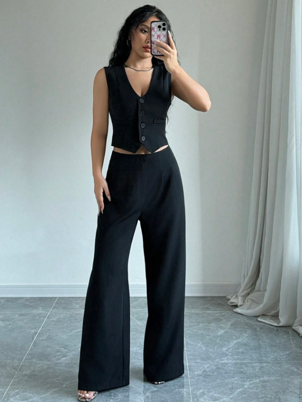 Women Sleeveless Blazer Top And Pants Casual Suit Set