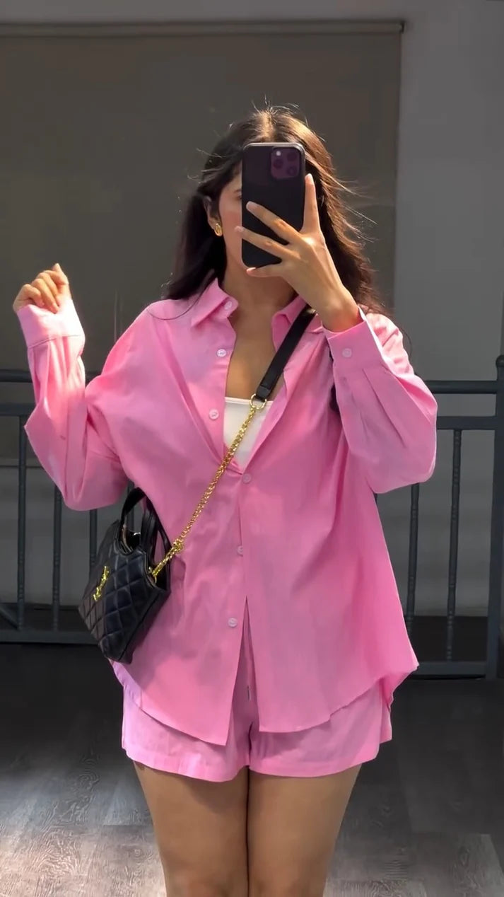 Women’s Oversized Cotton Shirt & Shorts Co-ord Set