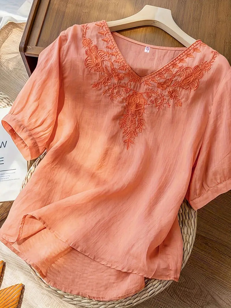 WOMEN FLORAL EMBROIDERED V-NECK TOP