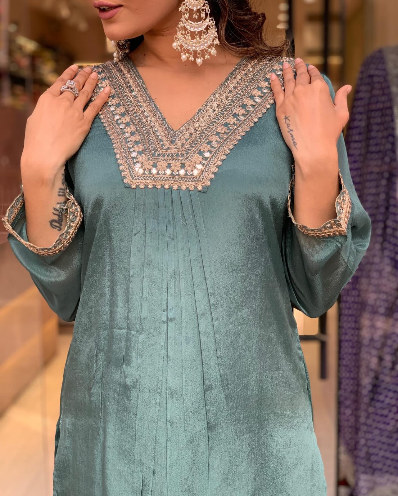 Women Embroidered Straight Kurta with Palazzos & Dupatta