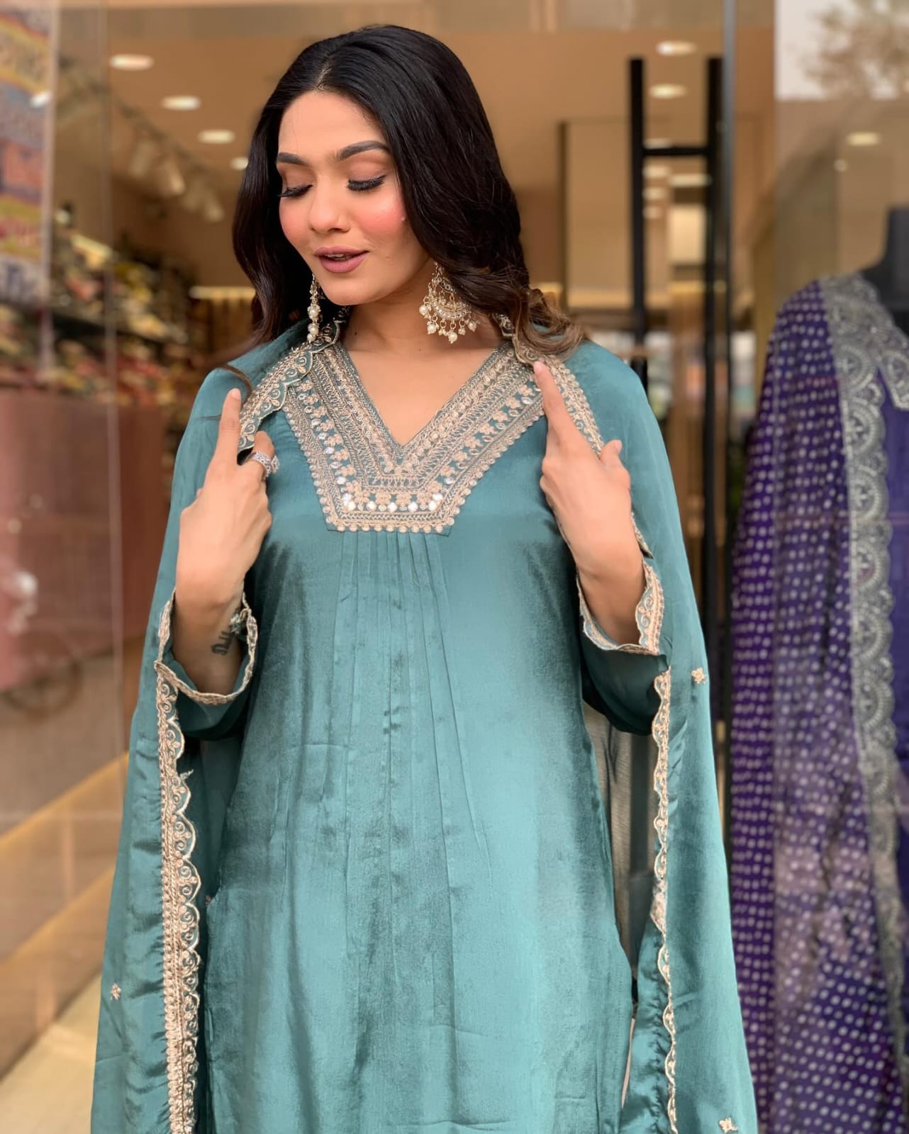 Women Embroidered Straight Kurta with Palazzos & Dupatta