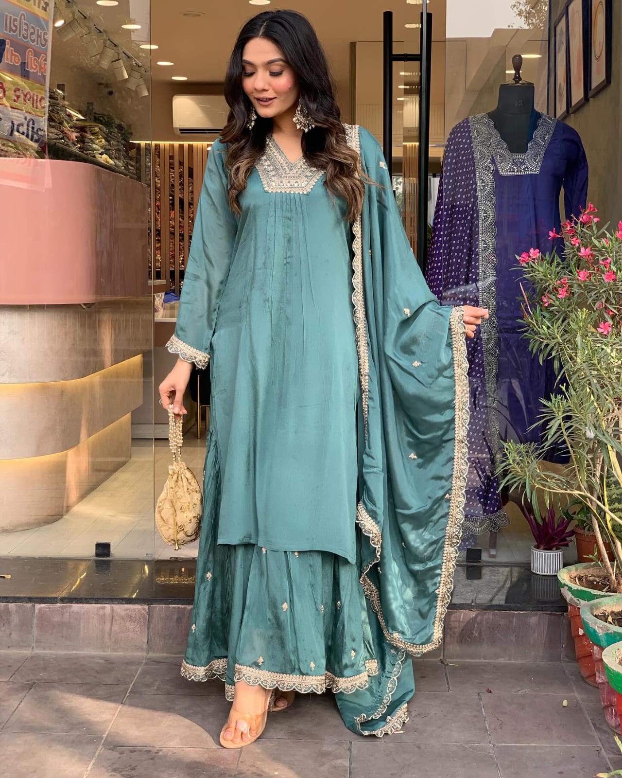 Women Embroidered Straight Kurta with Palazzos & Dupatta