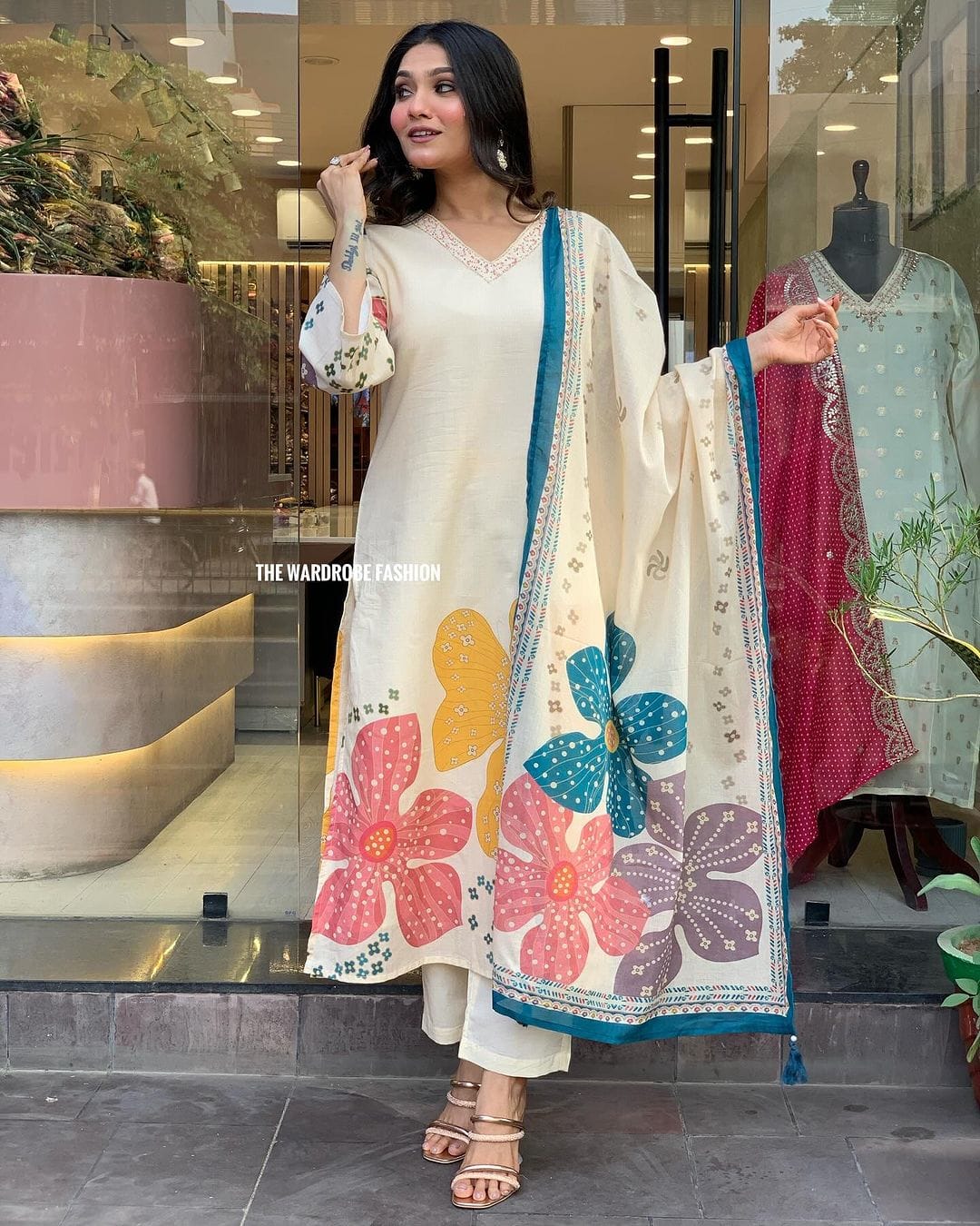 Comfortable And Attractive Softest Muslin Suit Set Which Is Beautifully Decorated With Hand Embroidery And Thread Work. It Is Paired With Matching Pants And Dupatta