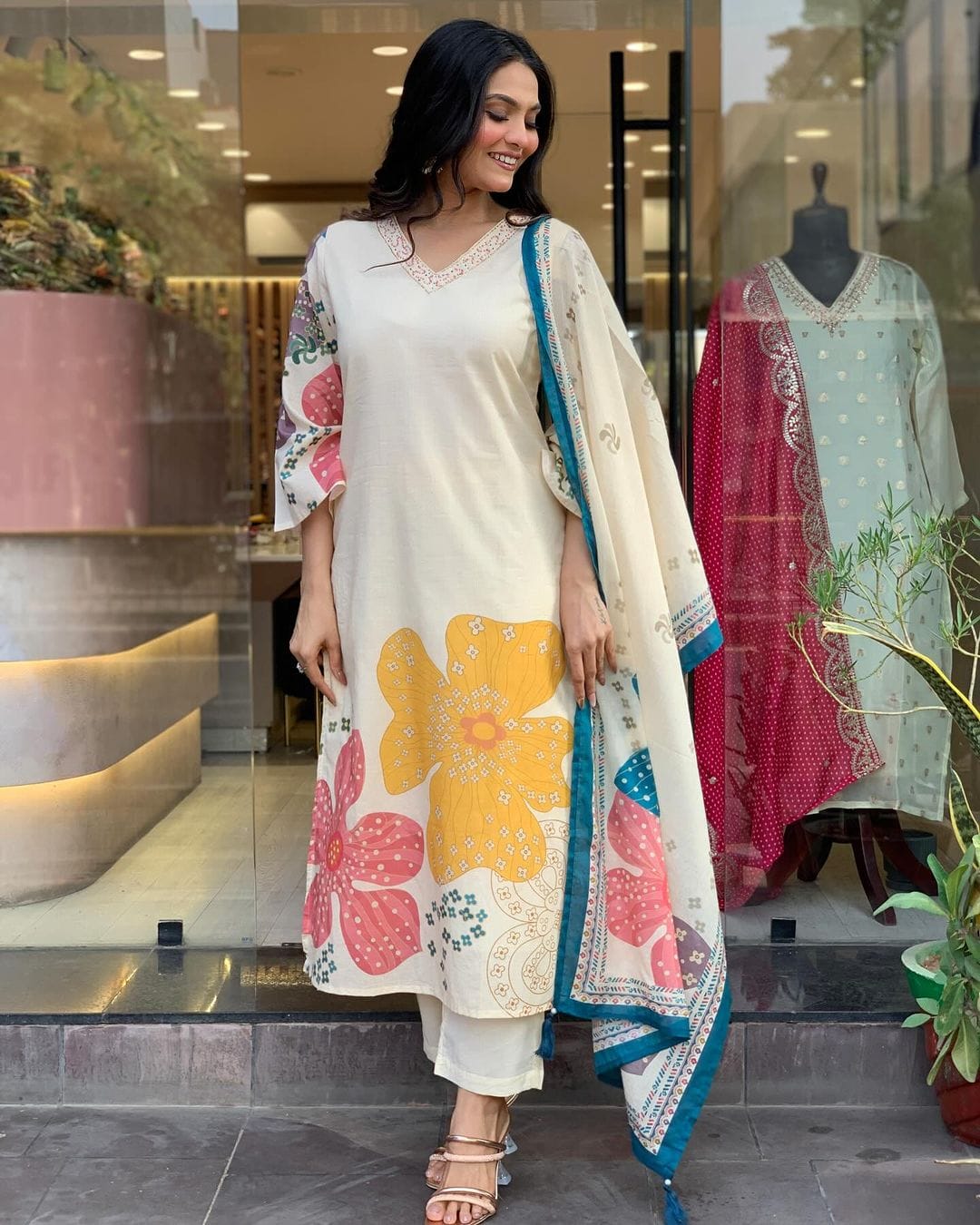 Comfortable And Attractive Softest Muslin Suit Set Which Is Beautifully Decorated With Hand Embroidery And Thread Work. It Is Paired With Matching Pants And Dupatta