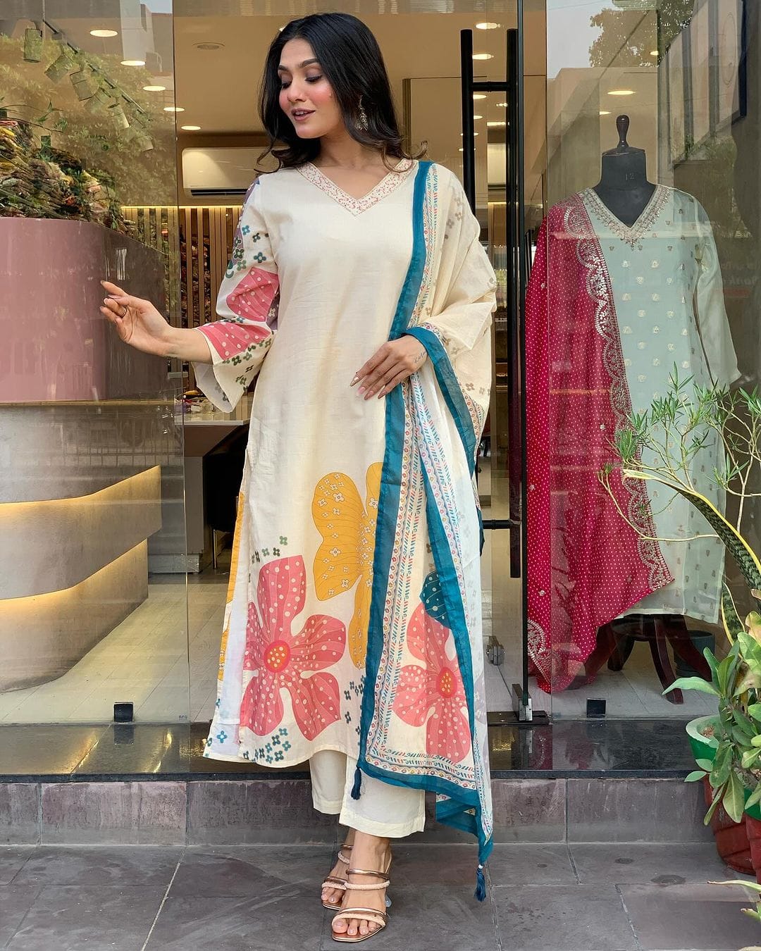 Comfortable And Attractive Softest Muslin Suit Set Which Is Beautifully Decorated With Hand Embroidery And Thread Work. It Is Paired With Matching Pants And Dupatta