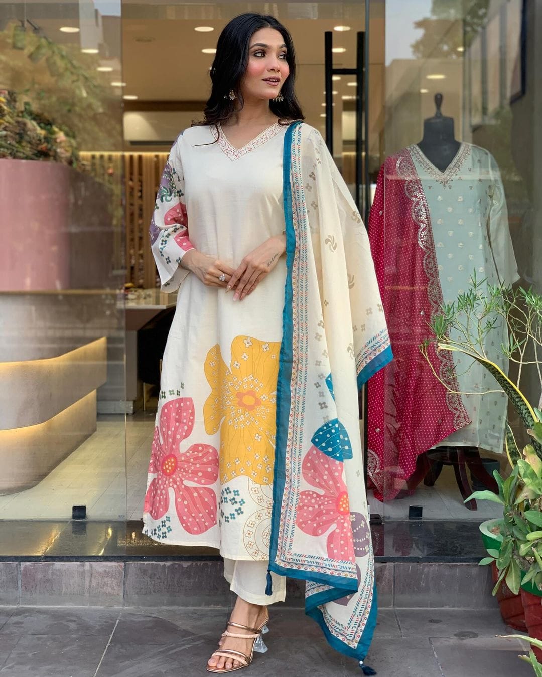 Comfortable And Attractive Softest Muslin Suit Set Which Is Beautifully Decorated With Hand Embroidery And Thread Work. It Is Paired With Matching Pants And Dupatta