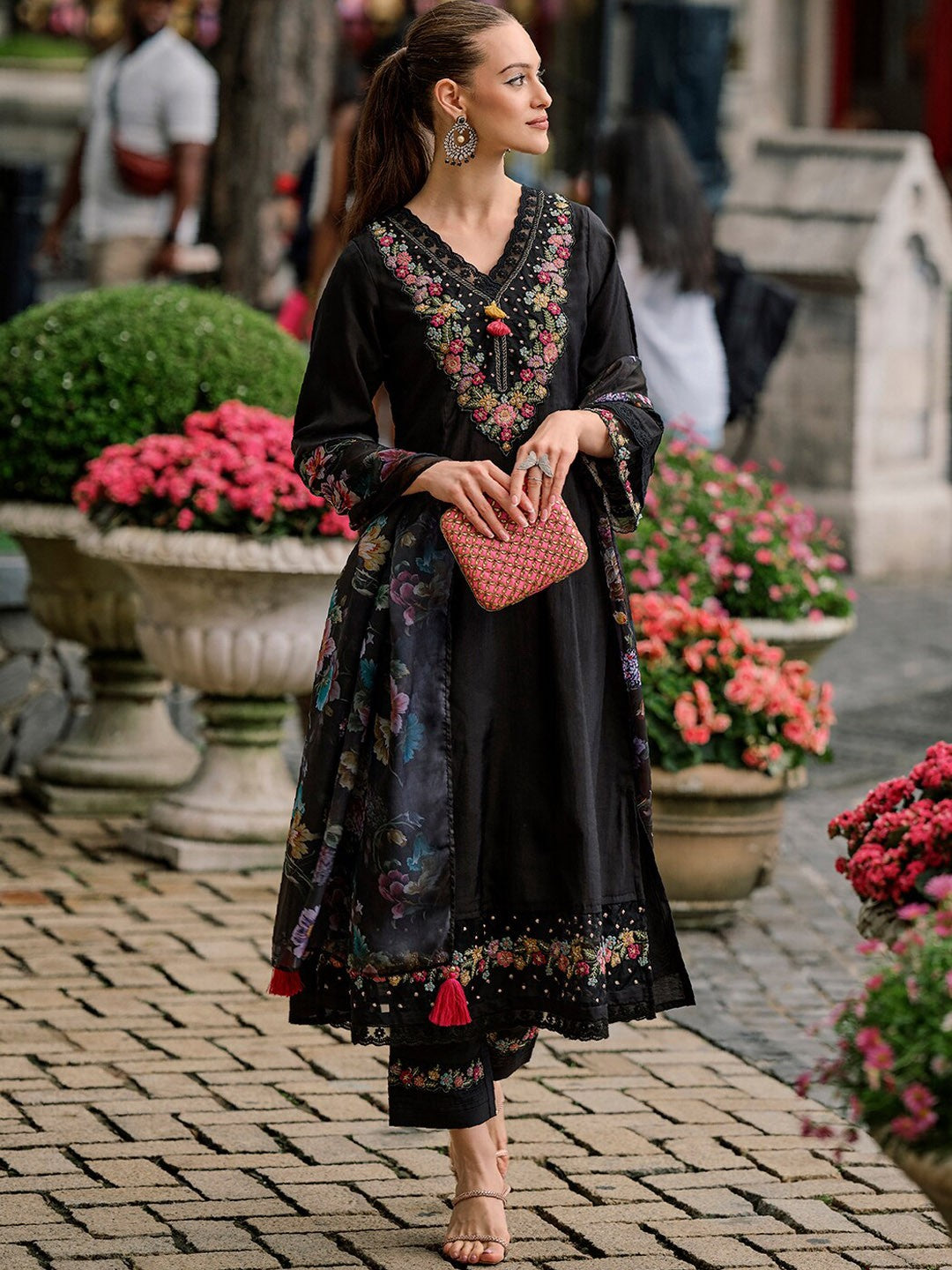 Women Black Chanderi  Suit Set With heavy Embroider Work