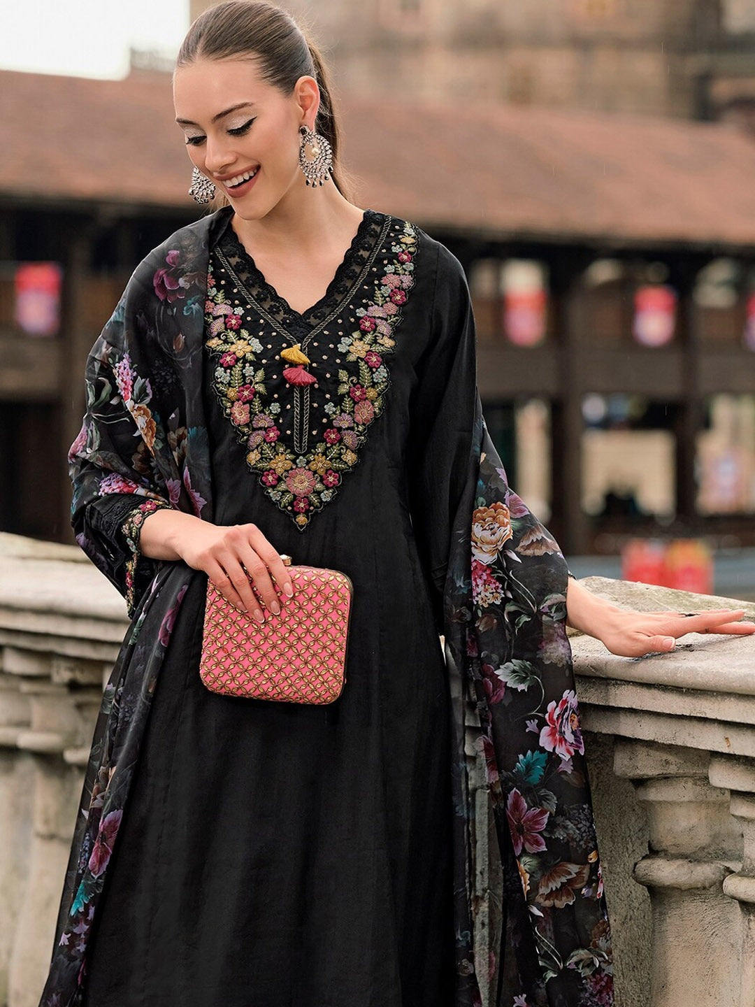 Women Black Chanderi  Suit Set With heavy Embroider Work