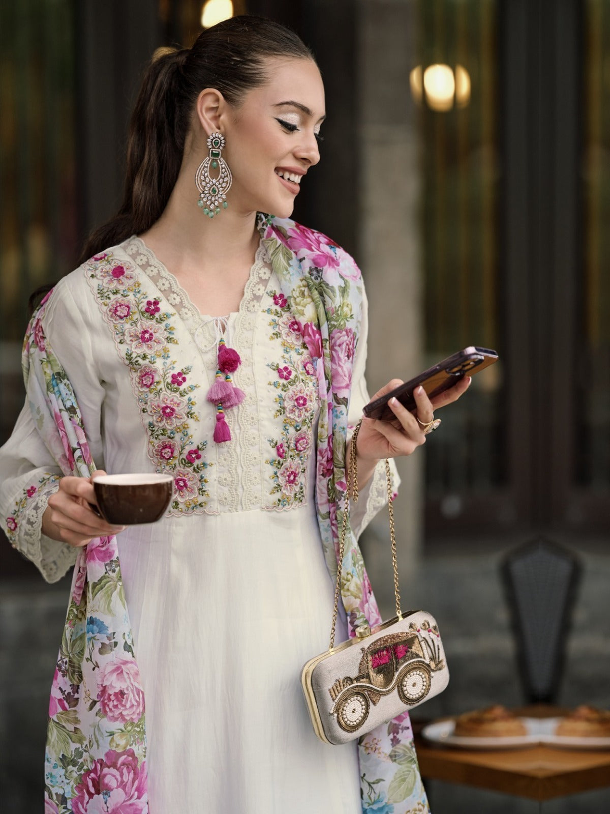 Women White Chanderi  Suit Set With heavy Embroidery work on neck and latkan on neck with Embroidery on sleeve also with heavy digital duppata with latkan Dupatta and Embroidery on pent Bottom