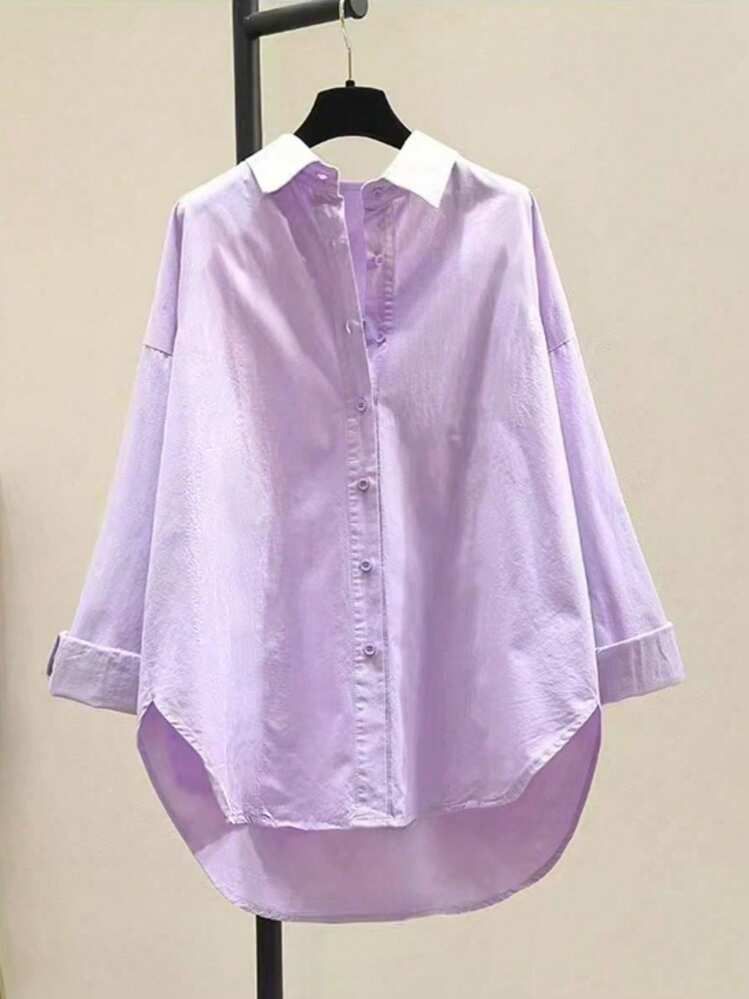 Women's Simple Turn-Down Collar Loose Long Sleeve Shirt
