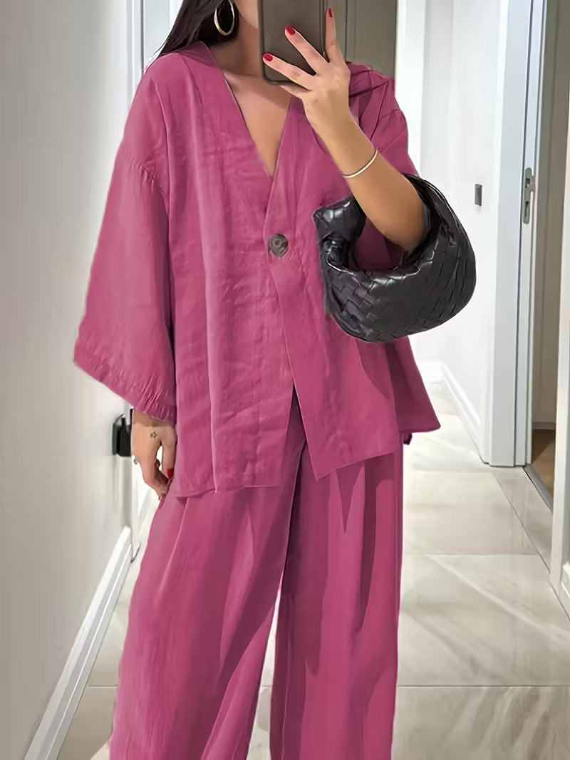 Women'S Elegant V-Neck Long Sleeve Top & High-Waist Pants Set