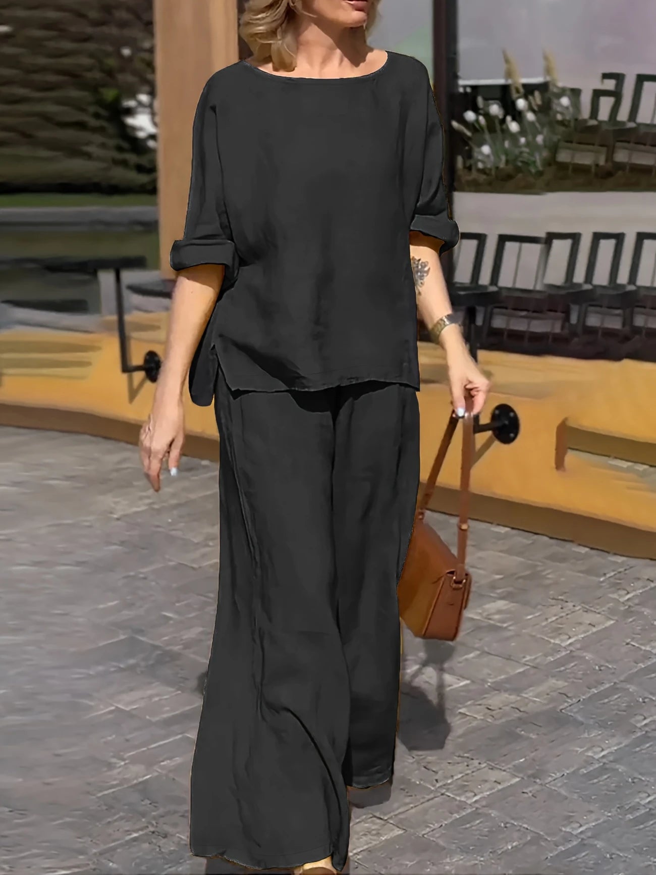 Women Round Neck Long Sleeve Side Pocket High Waist Wide Leg Trousers Set