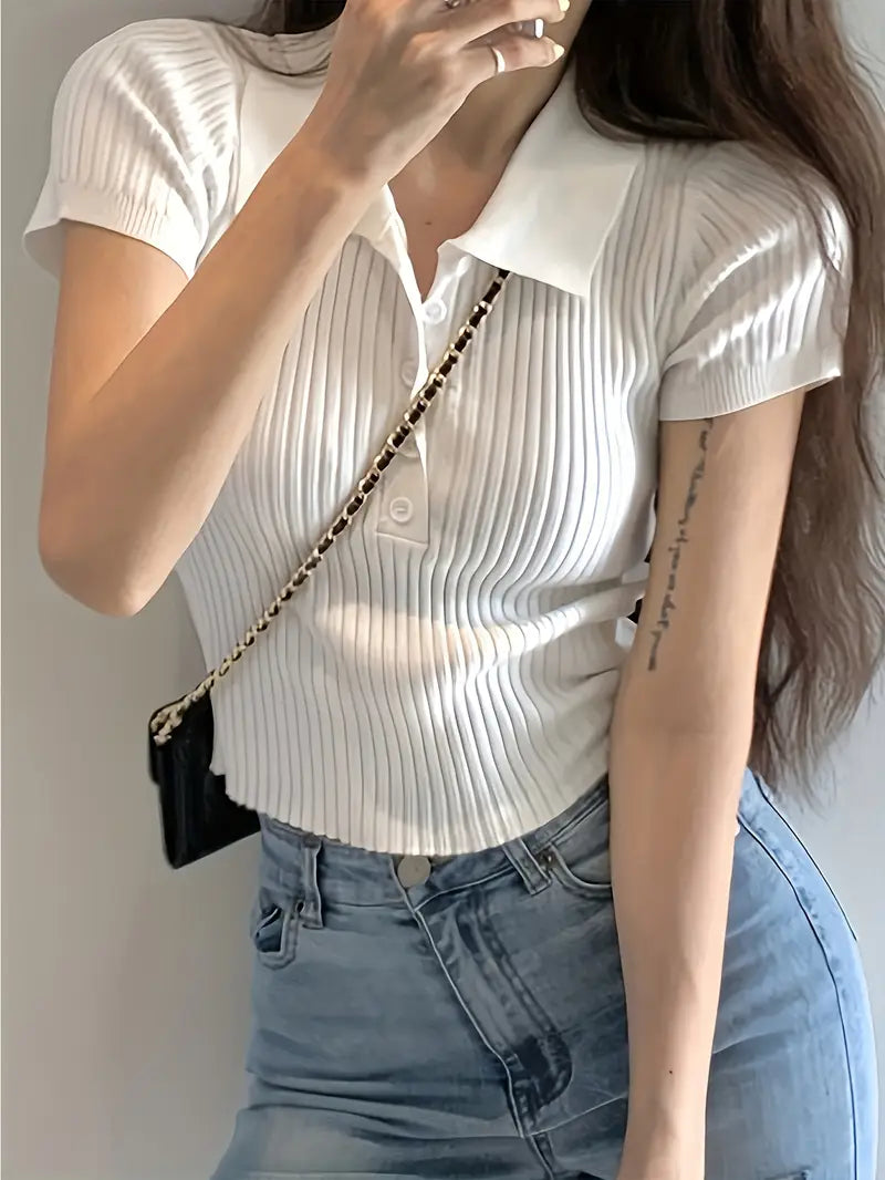 Button Front V Neck Knit T-Shirt, Elegant Short Sleeve Slim Summer Knit T-Shirt