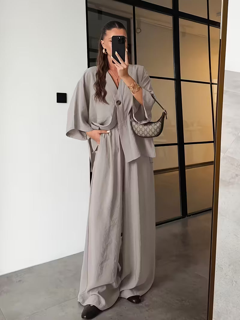 Women'S Elegant V-Neck Long Sleeve Top & High-Waist Pants Set