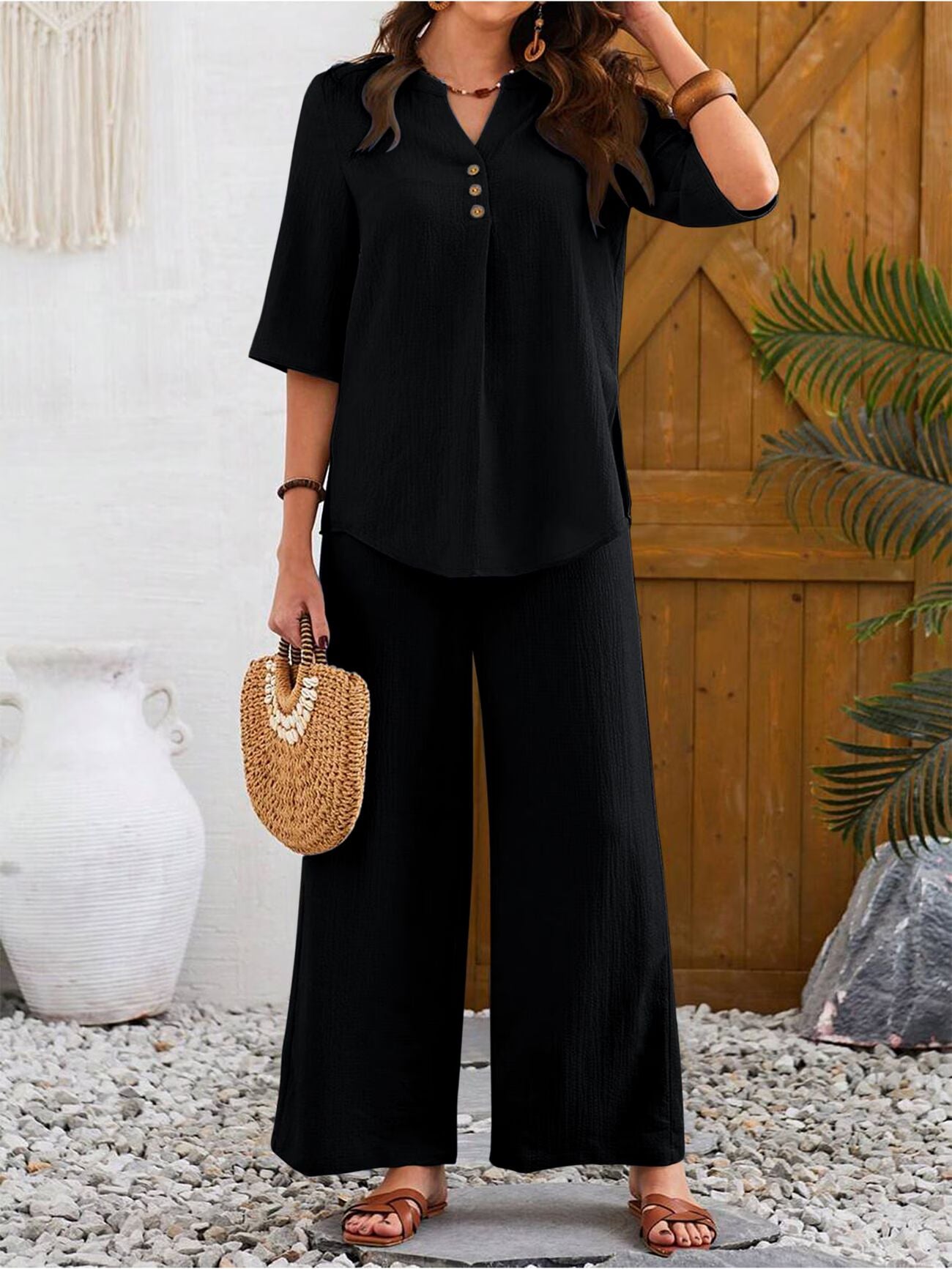 Women's Casual Notched Neck Short Sleeve Top And Pants Set