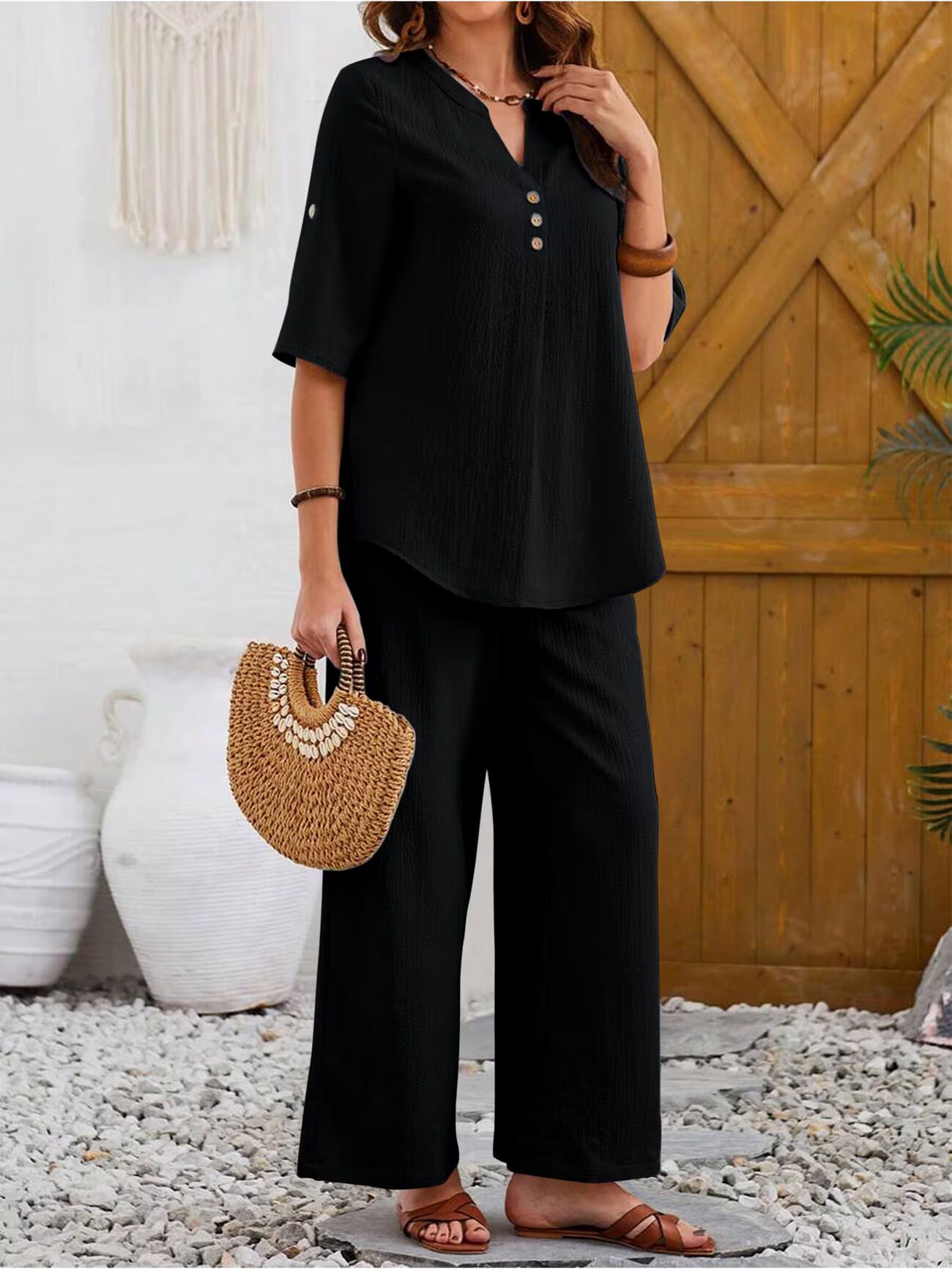 Women's Casual Notched Neck Short Sleeve Top And Pants Set