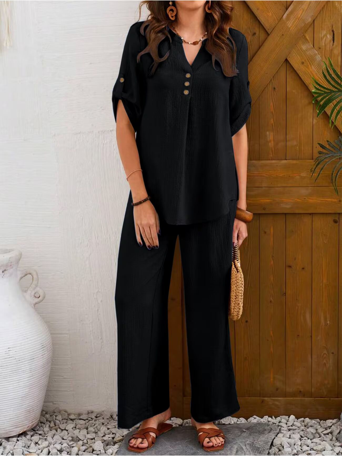 Women's Casual Notched Neck Short Sleeve Top And Pants Set