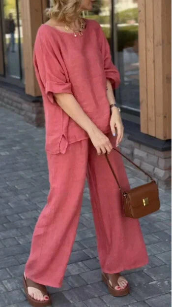 Women Round Neck Long Sleeve Side Pocket High Waist Wide Leg Trousers Set