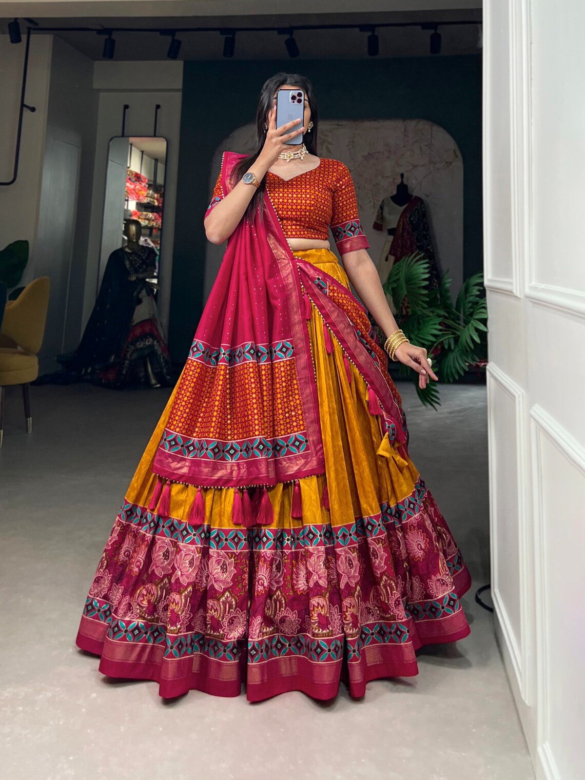 MULTI COLOR DOLA SILK DIGITAL PRINTED LEHENGA CHOLI