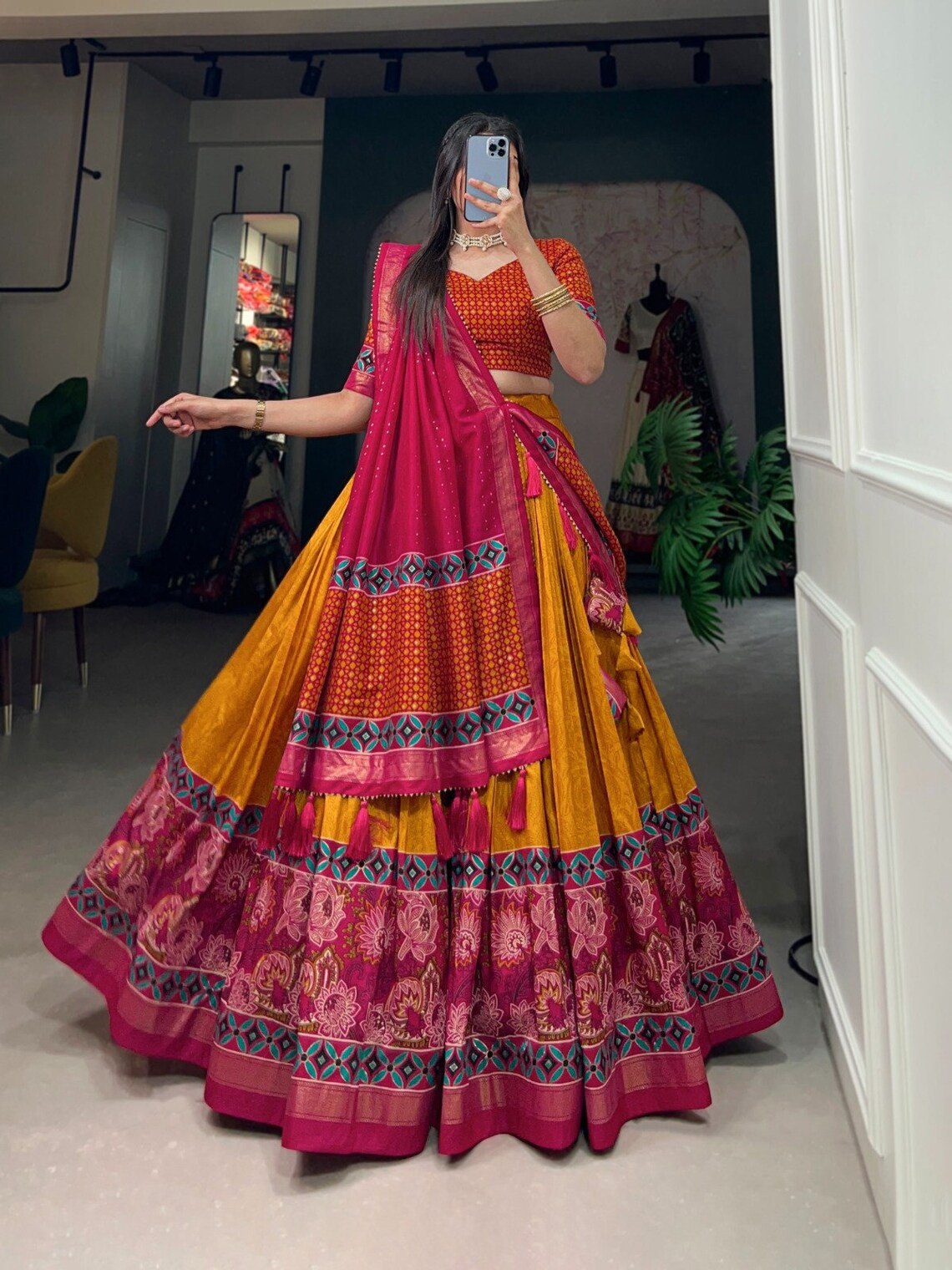 MULTI COLOR DOLA SILK DIGITAL PRINTED LEHENGA CHOLI