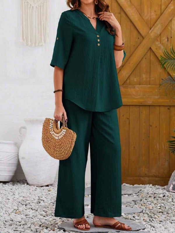 Women's Casual Notched Neck Short Sleeve Top And Pants Set