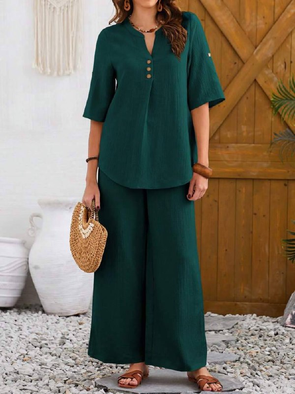 Women's Casual Notched Neck Short Sleeve Top And Pants Set