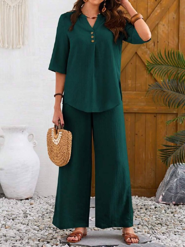 Women's Casual Notched Neck Short Sleeve Top And Pants Set