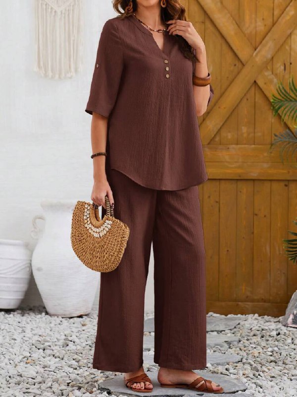 Women's Casual Notched Neck Short Sleeve Top And Pants Set