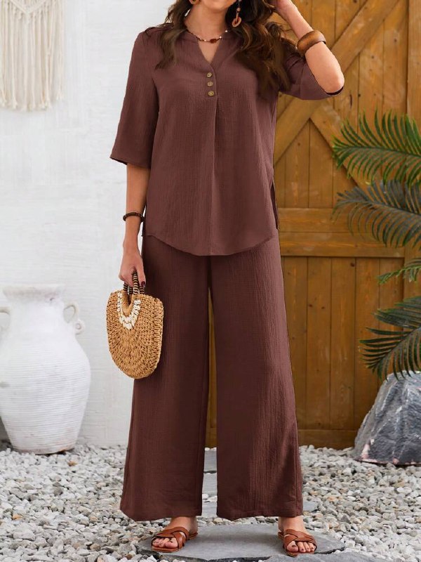 Women's Casual Notched Neck Short Sleeve Top And Pants Set