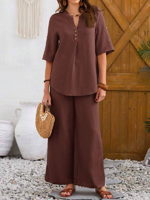 Women's Casual Notched Neck Short Sleeve Top And Pants Set