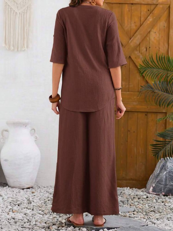 Women's Casual Notched Neck Short Sleeve Top And Pants Set