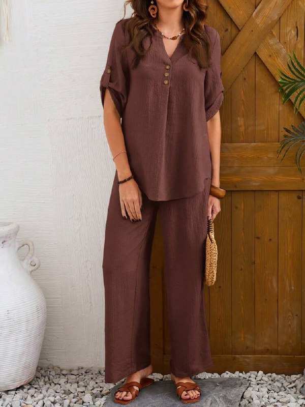 Women's Casual Notched Neck Short Sleeve Top And Pants Set