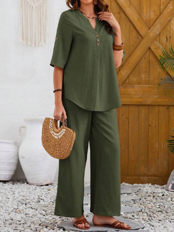 Women's Casual Notched Neck Short Sleeve Top And Pants Set