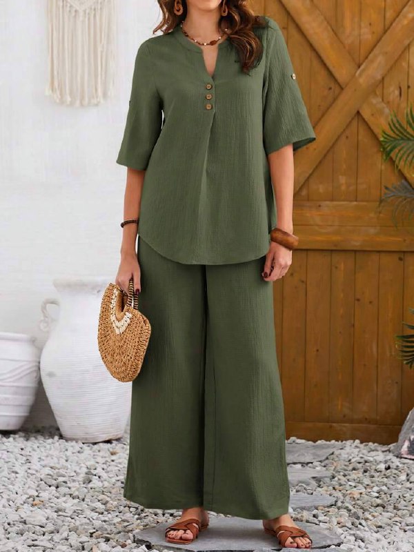 Women's Casual Notched Neck Short Sleeve Top And Pants Set