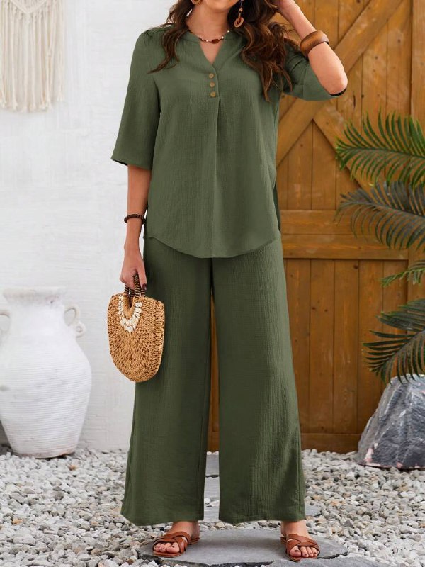 Women's Casual Notched Neck Short Sleeve Top And Pants Set
