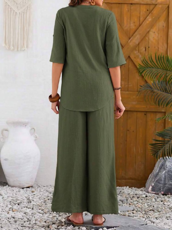 Women's Casual Notched Neck Short Sleeve Top And Pants Set