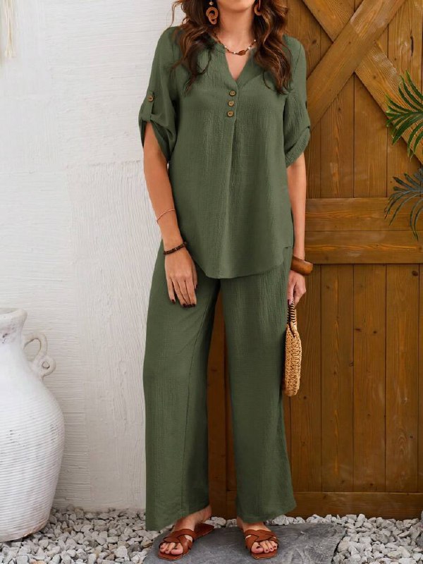 Women's Casual Notched Neck Short Sleeve Top And Pants Set