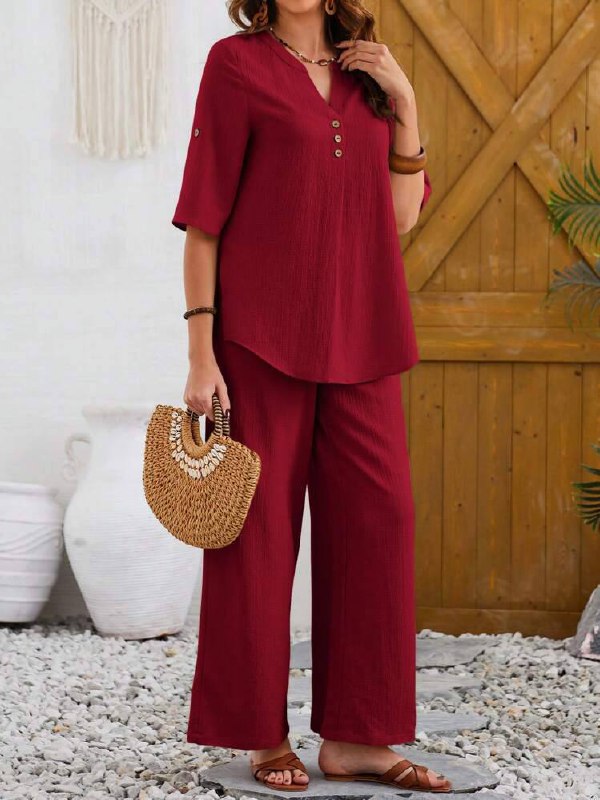 Women's Casual Notched Neck Short Sleeve Top And Pants Set