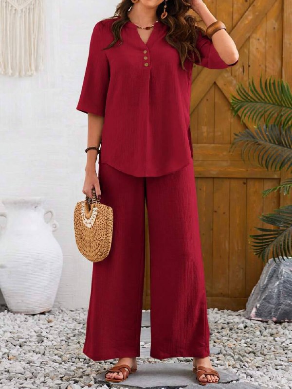 Women's Casual Notched Neck Short Sleeve Top And Pants Set